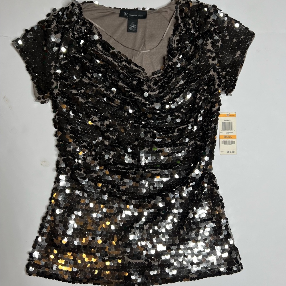 I N C Sequin Cowl Neck Top, NWT